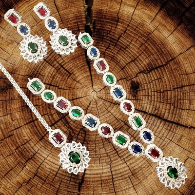 Set da sposa indiano Bollywood orecchini gioielli placcati argento zirconi... - Immagine 1 di 4