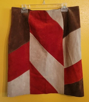 Vintage Patchwork Suede Skirt Mod Color Block Red Brown Tan Sz 16 Madison Studio - Image 1 of 4