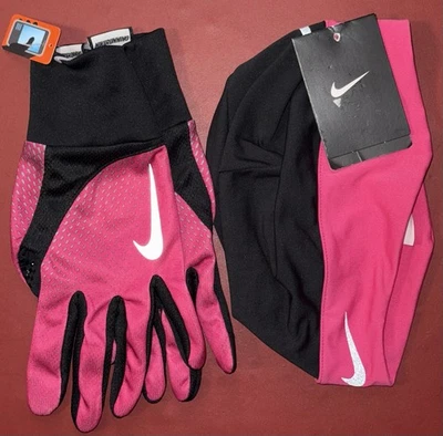Nike Women's Reflective Running Beanie Hat Gloves Pink Black  Large Just Do It  - Image 1 of 4
