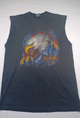 Rare VTG 3D EMBLEM Harley Davidson Eagle Flag Cut Off Sleeves 1990 T Shirt 90s - Image 1 of 4