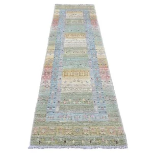 2'9"x9'7" Green Wool Kashkuli Animal Figurines Hand Knotted Runner Rug R20127 - Picture 1 of 6