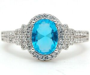  2CT Blue Topaz & Topaz 925 Solid Sterling Silver Ring Jewelry Sz 8 M10
