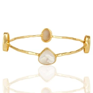 Multi Gemstone Round Design Bangle Gold Plated Mother Of Pearl Hammered Bracelet - Picture 1 of 3