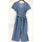 St Johns Bay Jumpsuit Womens Chambray V-Neck Waist Tie Cropped Pockets Blue Pl
