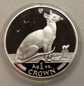 1992 Isle of Man 1 Crown Proof 1oz .999 Fine Silver Siamese Cat in Capsule 92A - Picture 1 of 5