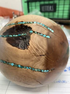 Handmade Wooden Ball With Turquoise Inlay brokn wheel 2002 Wood Turned - Picture 1 of 7