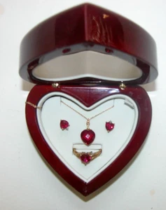 NEW Red Ruby Heart Necklace Pierce Earring Ring Box Set 10K Gold Jewelry Mervyns - Picture 1 of 2