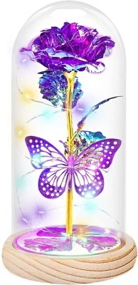 Rose & Butterfly Glass Dome Flower for Her, Light Up, Purple (SEE DESCR) - Image 1 of 4
