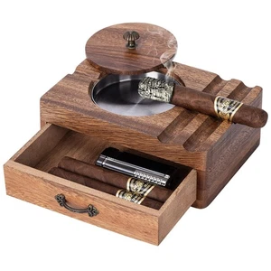Cigar Ashtray Wooden Box - Windproof Lid, Stainless Steel Removable Bowl, Cig... - Bild 1 von 6