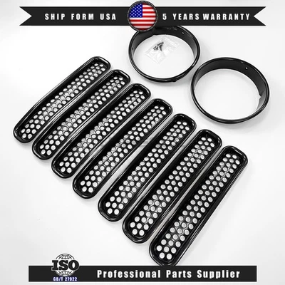 ABS Headlight Bezels Cover Trim + Grille Inserts for Jeep Wrangler TJ 1997-2006 — 第 1/4 张图片