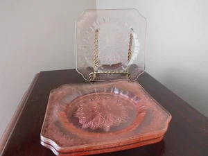 Depression Ära Jeannette Glas Rosa "Adam" 6" Quadrat Brot Dessert Teller VIER - Bild 1 von 4