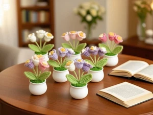 DIY handmade mini flower plant crochet Potted Ornament Hand-knitted Flowers - Picture 1 of 16