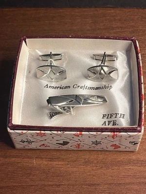 复古 Shields Fifth Avenue 银色袖扣 领带夹 原装礼品盒 — 第 1/4 张图片