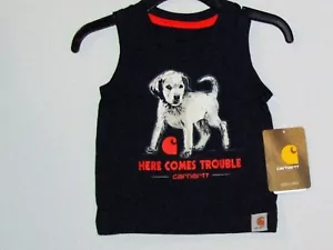 Carhartt infant boys T-shirt & navy blue, sleeveless, w/Dog & HERE COMES TROUBLE - Foto 1 di 3