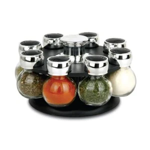 FINE KITCHEN REVOLVING 9PC SPICE RACK SET ORBIT INCL 8 GLASS SPICE JARS & STAND - Picture 1 of 7