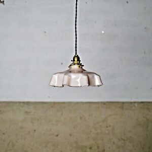 Vintage French Glass Pendant Light Shade Pink Crinkle