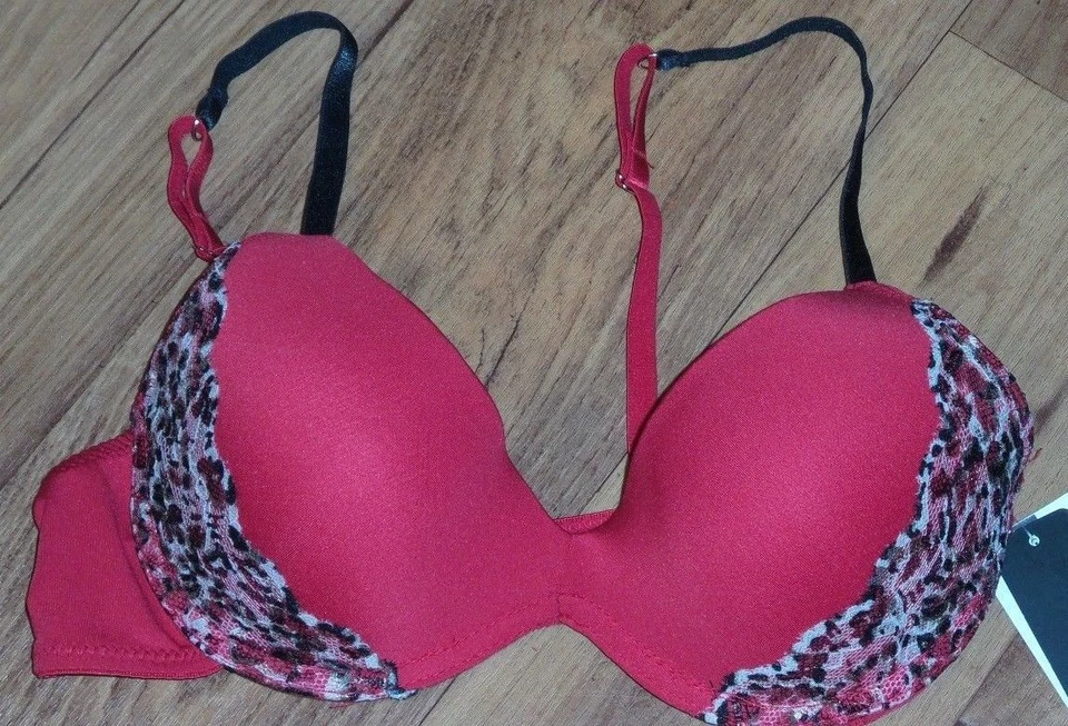 Sutiã Rampage 36B vermelho preto bronzeado estampa animal com sobreposição de renda - Imagem 1 de 2