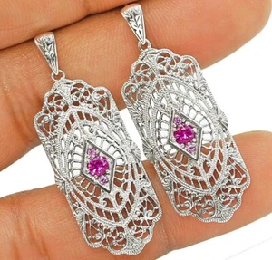 Treated Pink Sapphire 925 Solid Sterling Silver Victorian Style Earrings - Picture 1 of 1