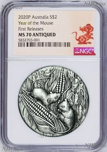 2020 Australia Antiqued LUNAR Year of the MOUSE 2oz $2 Silver Coin NGC MS70 FR  - Picture 1 of 6
