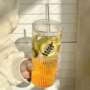 Glass Cup 450/600ml Transparent with Lid and Straw Mug Ice Coffee ice tea water - Picture 1 of 23