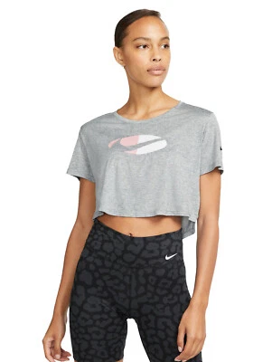 Camisa recortada manga corta NIKE Dri-FIT para mujer talla L grande gris jaspeado rosa Foto 1 de 2