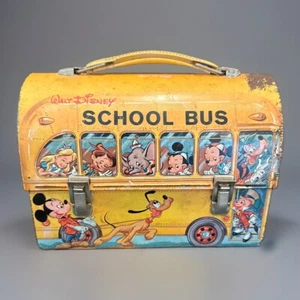 VTG Walt Disney School Bus Dome Metal Lunch Box Litho No Thermos Cracked Handle - Picture 1 of 20