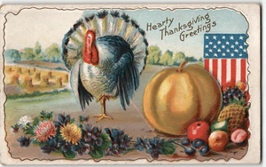 Postcard Hearty Thanksgiving Greetings Turkey Pumpkin Flag Harvest, 1910 - Picture 1 of 2