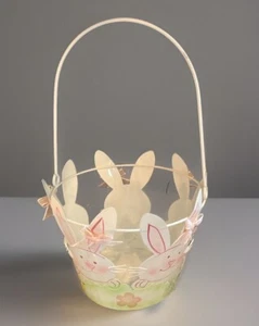 BUNNY BASKET•Hand Painted Metal•Cut Out Bunny Shapes w/Pink Ribbons•Baby•Easter - Picture 1 of 5