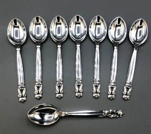 Georg Jensen Acorn Sterling Sterling Silver set of 8 Mocha Spoons 3 7/8" - Picture 1 of 2