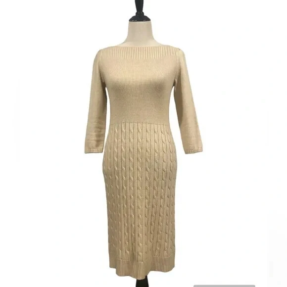 Ralph Lauren Cable Knit Sweater Dress Womens M Beige Tan Old Money Quiet Luxury - Image 1 of 4