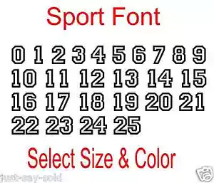 Set numeri di carattere sportivi 0-25 - adesivi decalcomania vinile numeri colore e dimensioni selezionati - Foto 1 di 2