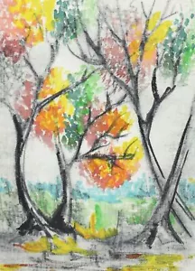 Quadro pastello fauvista vintage alberi paesaggio - Foto 1 di 11
