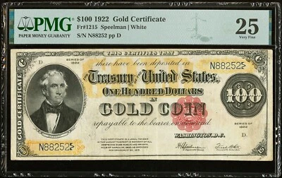 CERTIFICADO ORO $100 1922 - Fr. 1215 - PMG 25 - IMPRESIONANTE Y MUY BUSCADO Foto 1 de 2