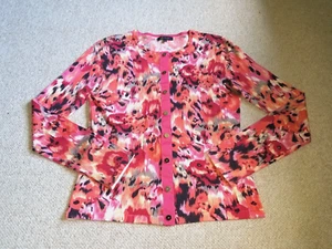 Womens Sweater-ANNE KLEIN-pink/orange floral silk bld button-down cardigan ls-S - Picture 1 of 4