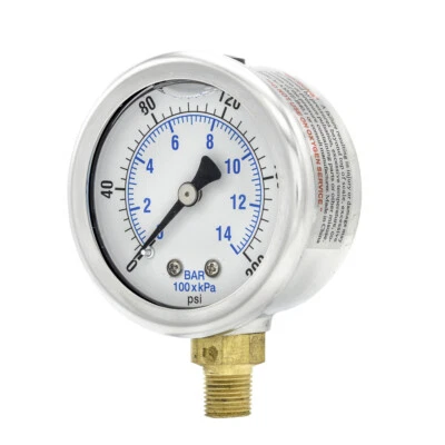 PRO-EDGE INDUSTRIAL PNEUMATICS AND CONTROLS Liquid Filled Lower Mount Pressure Gauge with 2" Dial, 0-200 PSI, 1/8" Male NPT
