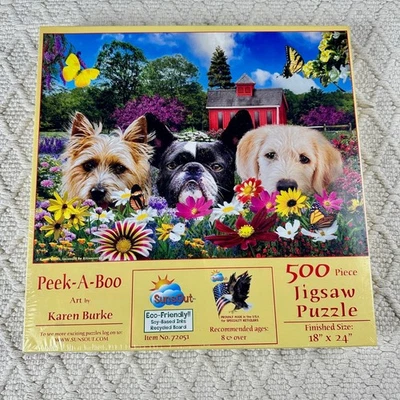 Rompecabezas SunsOut Peek-A-Boo perros mariposas 500 piezas Karen Burke Foto 1 de 4