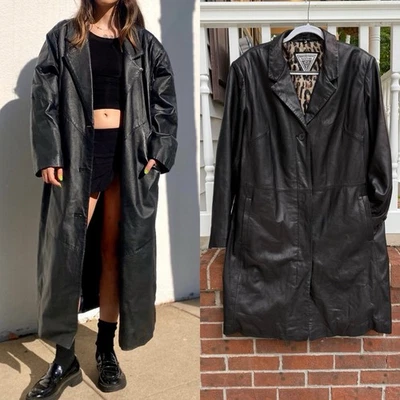 Chaqueta de trinchera de cuero negra vintage años 90 Y2K J. Percy Marvin Richards talla 1X XL Foto 1 de 4