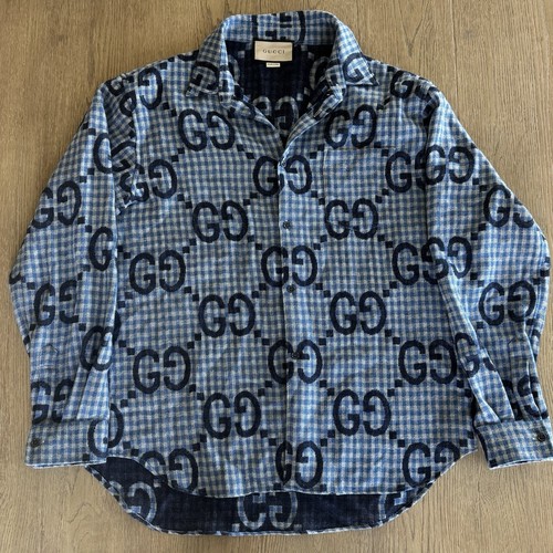 Camicia elegante Gucci Jumbo check manica lunga taglia 52 lana quadri GG monogramma blu