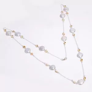 925 Sterling Silver Long Chain Necklace for Women Pearl With Cut Gemstone N01 - Picture 1 of 6