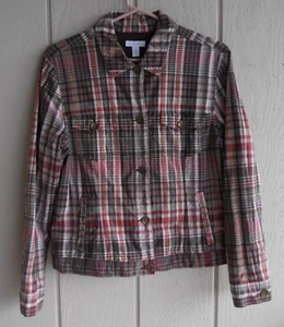 Womens L Charter Club Brown Plaid Stretch Lined Trucker Style Jacket Bust 41" - Picture 1 of 11