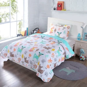 100% Cotton Kids Quilt Bedspread Comforter Set Throw Blanket for Girls Deer - Picture 1 of 9