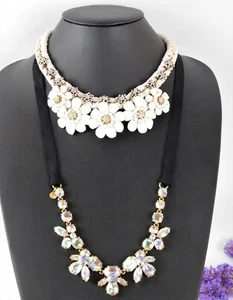 Two J CREW Runway NECKLACES Camelia Flower Braided Chain & Crystal Cluster Gleam - Picture 1 of 12