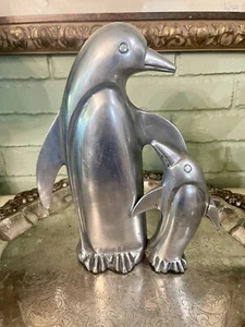 Vintage Modern Penguins Aluminum Sculpture 10" High Sculpture on Padded Base - Picture 1 of 8