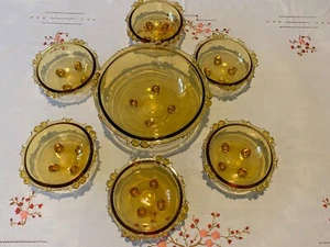 Retro Art Deco Sowerby Amber Glass Dessert Bowls Set (7 pieces) - Picture 1 of 9