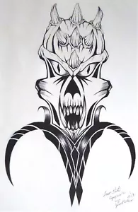 original hand drawn ballpoint pen fantasy illustration titled Horned Skull - Picture 1 of 2