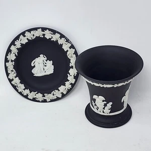 Wedgwood Jasperware Black Posey Bud Vase and Sweet Dish Plate Set 2 pc - Picture 1 of 18