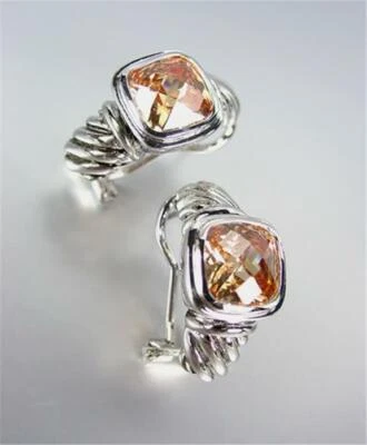 18kt White Gold Plated Cable Champagne Brown Topaz Crystal Omega Latch Earrings - Image 1 of 2