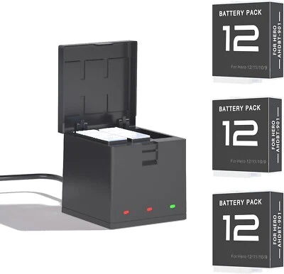 Paquete de 3 cargadores de batería para cámara GoPro Hero 12 Hero 11 Hero 10 Hero 9 negro Foto 1 de 4