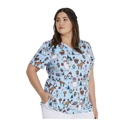 Dickies Womens Wild About Winter EDS Scrub Top Blue Size 2XL Holiday DK616 VNeck - Image 1 of 4