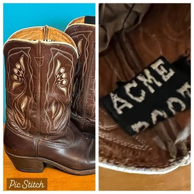 Vtg 50's ACME Cowboy Boots 6.5 B Brown w/ White Inlaid Pattern - Image 1 of 4